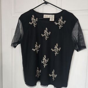 Kathie Lee Black Sheer Blouse With Embroidery Short Sleeves Size XL